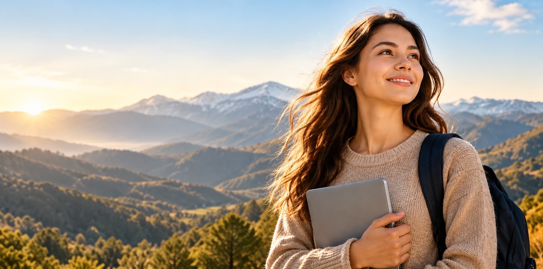 A smiling young woman holding a laptop, looking toward a sunlit mountain valley at golden hour