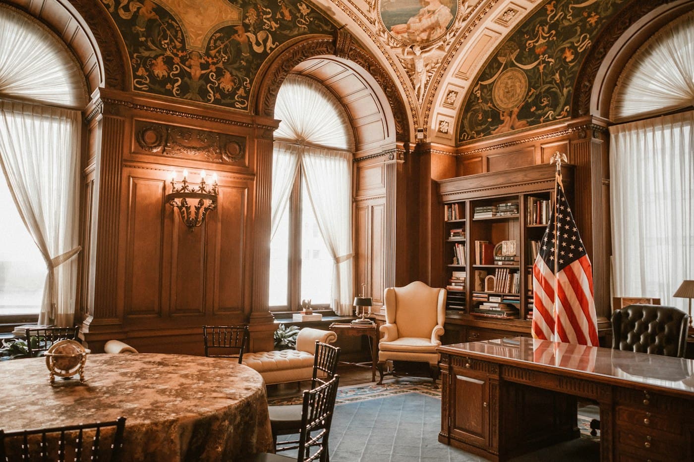A wood-paneled law office with an American flag