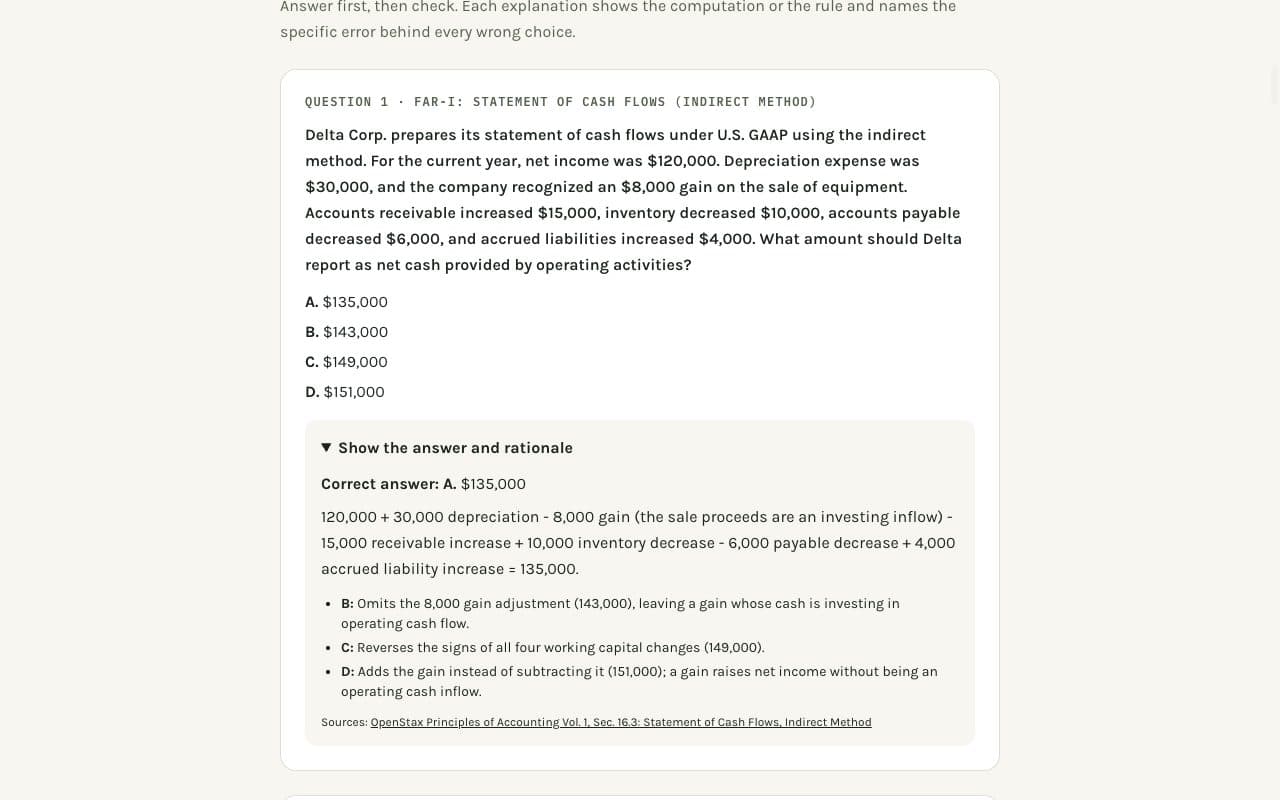 CARE CPA FAR practice question with a worked answer and rationale